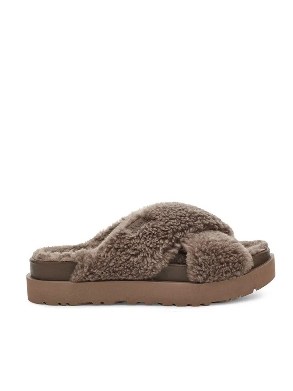 Ugg Fuzz Sugar Cross Slide Platform Slippers in  Brown size 7